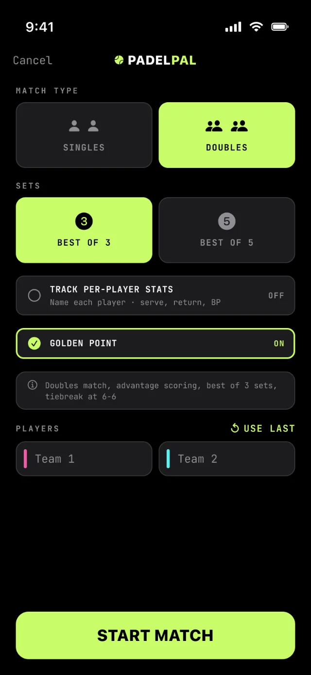 Match Setup screen
